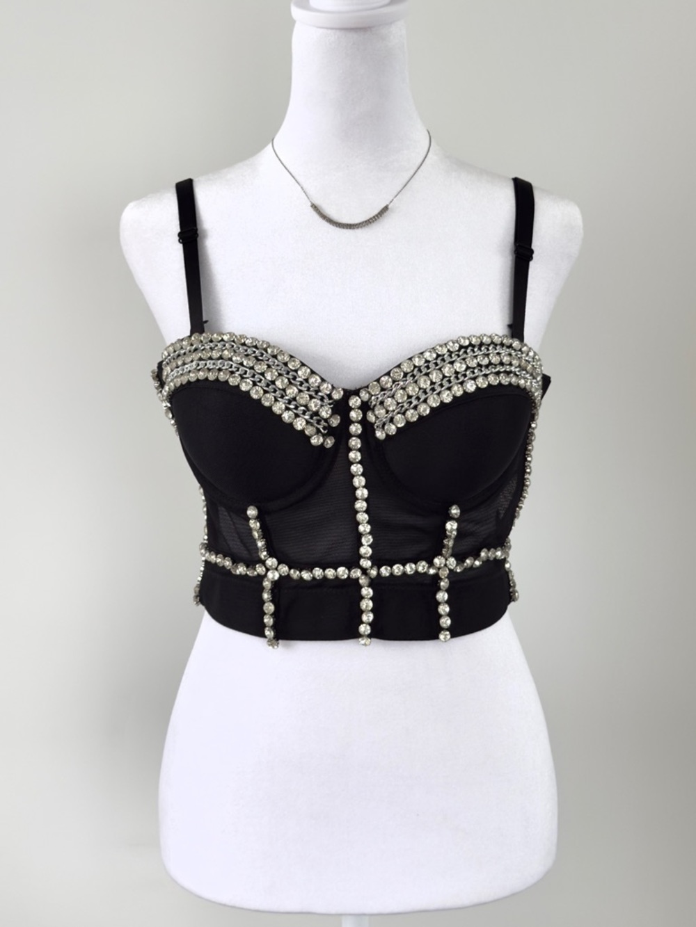 Black Rhinestone Embellished Bustier Crop Top Corset Party Going Out